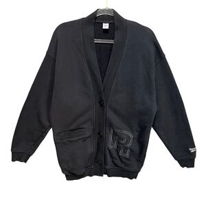 Reebok Womens Team Cover Up Cardigan Sweater Black Varsity Letter R Button Front